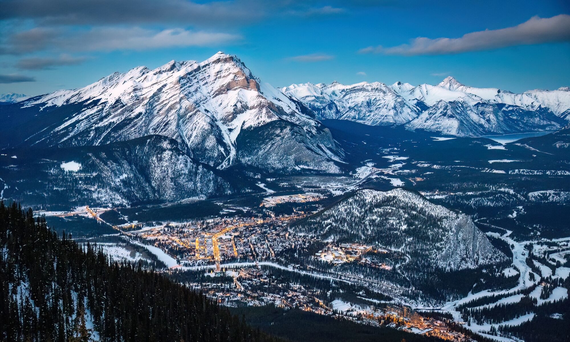 The town of Banff as seen from Sulphur Mountain in winter.